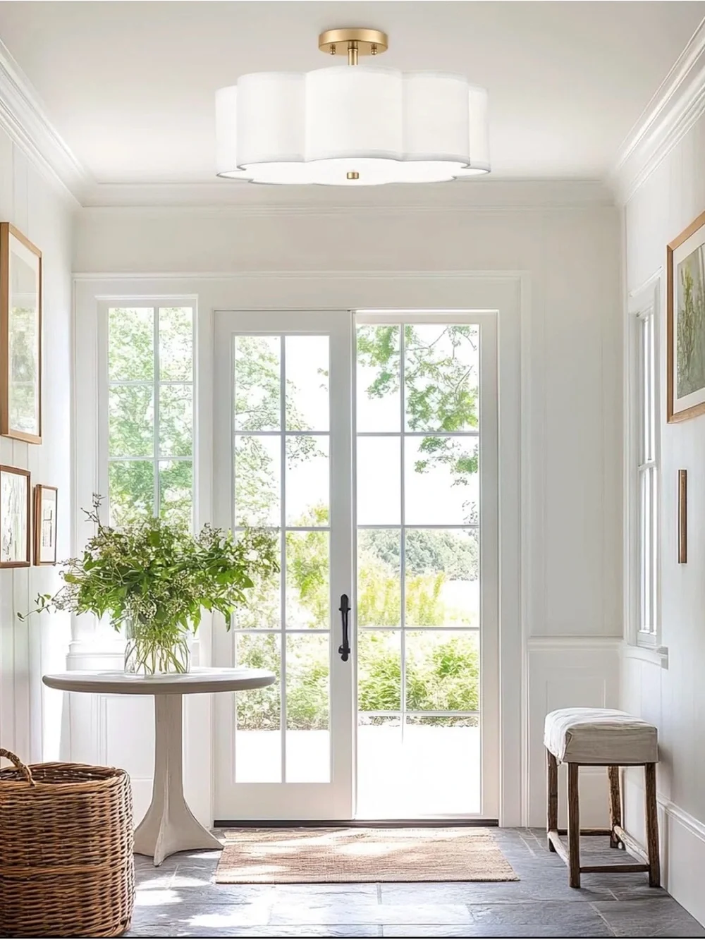 Gold Semi-Flush Ceiling Light with Ivory Fabric Shade